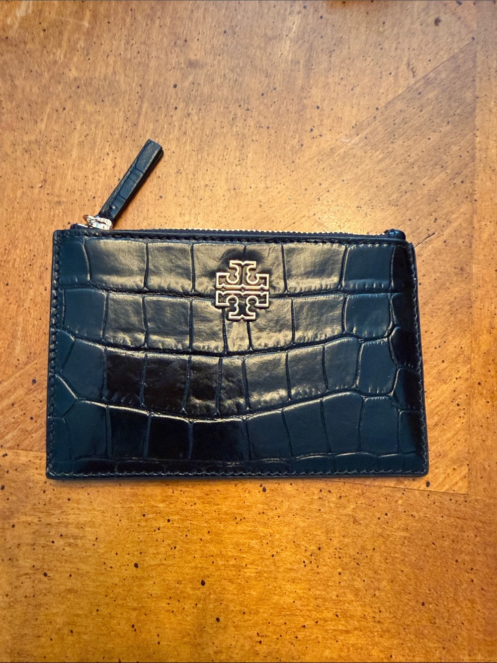 Tory Burch Black Croc-Embossed Zip Card Pouch with Gold Logo